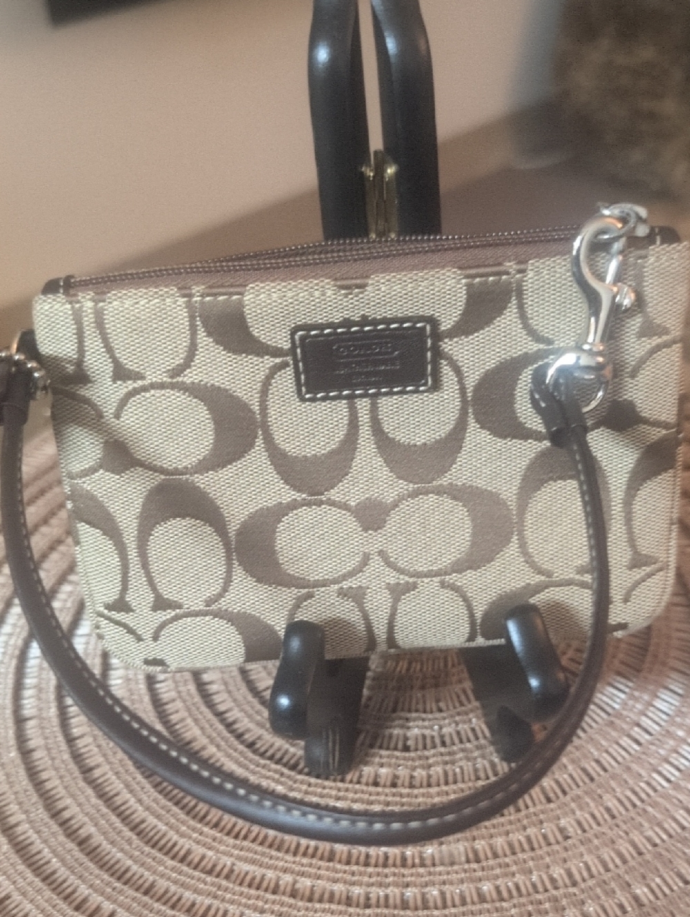 COACH Mini Signature Canvas Wristlet in Khaki/Chalk